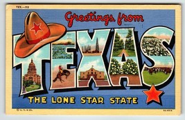 Greetings From Texas The Lone Star State Large Letter Linen Postcard 1947 Hat - £6.79 GBP