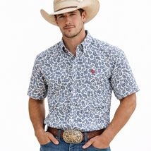 Cinch Mens Paisley Western Shirt Blue Cream Short Sleeve Rodeo Cowboy M - $24.99
