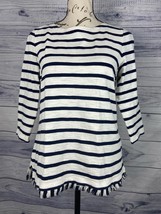 Talbots Slub Knit Cotton Shirt Womens Sp Stripe 3/4 Sleeve Fringe Hem Nautical - £10.61 GBP
