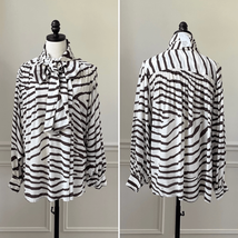 NWT H&amp;M Brown Ivory Zebra Stripe Animal Print Neck Bow Blouse Mob Wife 12 - $337.22 MXN