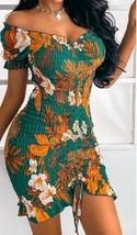 Pretty garden Green Floral Off The Shoulder Bodycon Smocked Dress SIZE: M - $24.74
