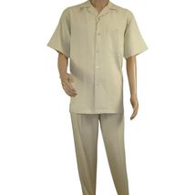 Men 2pc Walking Leisure Suit Short Sleeves DREAMS Plaid Satin 253-13 Sand image 2