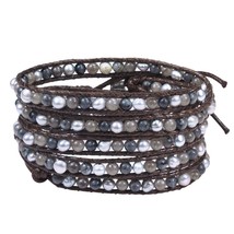 Bohemian Twilight Cultured Freshwater Pearls Quartz Leather Wrap Bracelet - £27.38 GBP