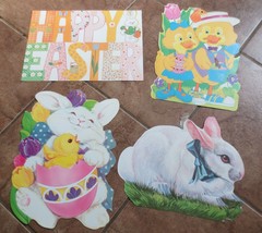 Vtg 4 Easter cardboard Die Cut Double Sided Eureka Rabbit Duck Chicks - £27.33 GBP
