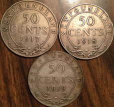 1917 1918 1919 Newfoundland Silver 50 Cents Fifty Cents - Lot Of 3 Coins - £78.11 GBP