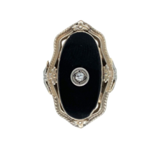 14k White Gold Genuine Natural Black Onyx Diamond Ring Scalloped Flowers #J6028 - £264.77 GBP
