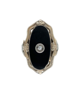 14k White Gold Genuine Natural Black Onyx Diamond Ring Scalloped Flowers... - £264.68 GBP