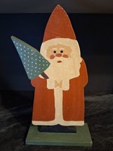 Hand Carved Wooden Folk Art Santa Claus Holding Christmas Tree 16&quot;T  w/Wood Base - £11.60 GBP