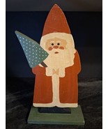 Hand Carved Wooden Folk Art Santa Claus Holding Christmas Tree 16&quot;T  w/W... - £11.79 GBP