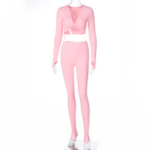 Color: Pink, Size: L - V-neck T-shirt slim yoga sports suit - $14.45