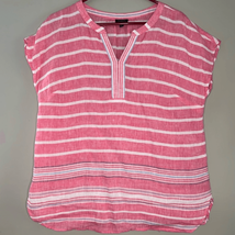 Talbots Linen Popover Top Petite Size Medium Pink Stripe Short Sleeve V Neck - £15.61 GBP
