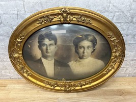 Antique Convex Bubble Glass Framed Photo Gold Wood Ornate Tinted Couple ... - £759.98 GBP