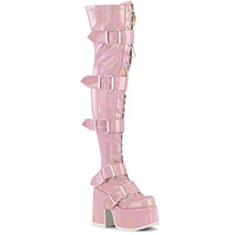 DEMONIA CAMEL-305 Women&#39;s Pink 5&quot; Chunky Heel Platform Thigh-High Lace-Up Boots - £111.61 GBP