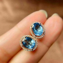 Delicate 4Ct Oval Cut Blue Topaz Diamond Halo Stud Earrings 14k Rose Gol... - £77.58 GBP