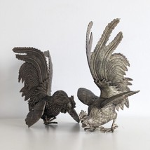 Cast Metal Cockerel Figurines, Rooster, Pair, Vintage Mid Century - £46.19 GBP