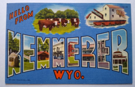 Greetings Hello From Kemmerer Wyoming Postcard Large Big Letter Curt Teich Cows - £6.93 GBP