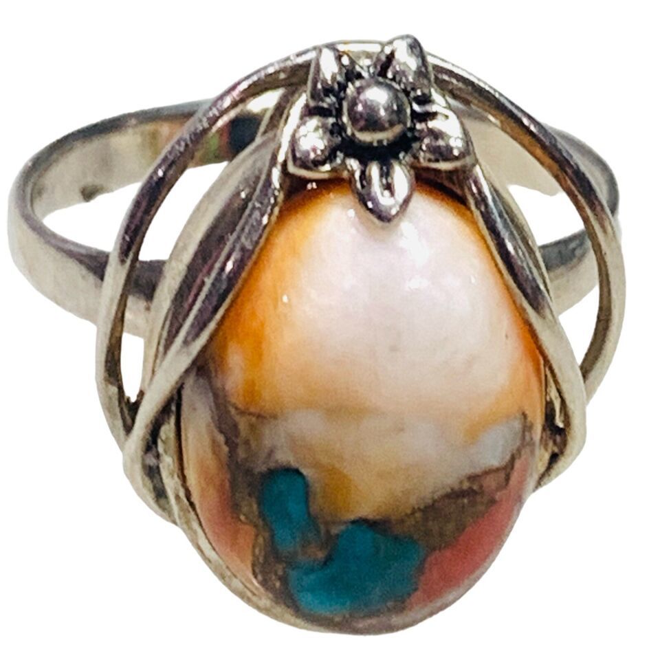 BBJ Sterling Silver Navajo Natural Spiny Oyster Gemstone Cluster Ring Si... - $53.18