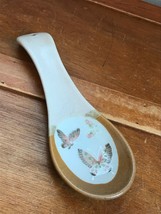 Gently Used Cream &amp; Tan Stoneware Spoon Rest w Butterflies  – 9 inches long x - £7.77 GBP