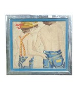 Vintage Day At The Beach Cross Stitch Framed Kids Walking Suspenders Jea... - £36.79 GBP
