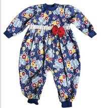 Vintage Healthtex Romper Baby Girl Size 18 Month Blue Floral Red Bow Lac... - $29.69