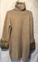 Boston Proper Tan Knit Pullover Turtleneck Dress with faux fur sleeve en... - $49.95