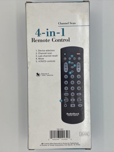 Radio Shack Universal Remote Control  4 in 1 TV  VCR #150-1991 NIB With Manual - $6.92