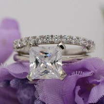 Wedding Ring Set 2.85Ct Princess Cut Simulated Diamond 14k White Gold Size 7.5 - £243.47 GBP