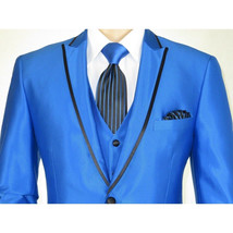 Mens Tuxedo Formal Suit ROYAL DIAMOND Slim Fit 3Pc Vested shiny Satin SL83 Blue image 12