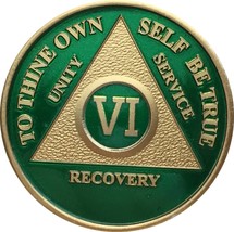 6 Year AA Medallion Green Gold Plated Anniversary Chip With Serenity Prayer - $18.31