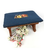 Antique Foot Stool with Blue Floral Tapestry – Solid Wood Ottoman, Needl... - $2,090.75 MXN