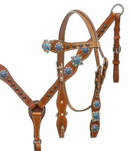 Western Horse Pink + Blue BLING! Brown Leather Tack Set Bridle + Breast ... - $88.80