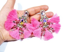Pink Tassel Drop Earrings, Bridesmaid Rhinestone Earrings, 3.5 Inch Pageant Jewe - £29.78 GBP
