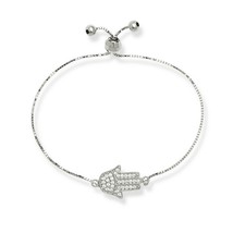 Sterling Silver Clear CZ Hamsa Hand Charm With Adjustable Bolo Beads Bracelet - £45.54 GBP