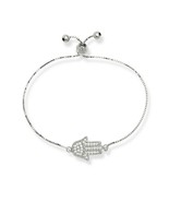 Sterling Silver Clear CZ Hamsa Hand Charm With Adjustable Bolo Beads Bra... - £44.81 GBP