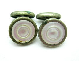 MOP CUFFLINKS MEN&#39;S Vintage Silvertone Round Buttons Mother of Pearl Shell - $12.86