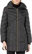 Anne Klein Women&#39;s Wing Collar Chevron Quilting Coat with Hood Black Small - £59.63 GBP