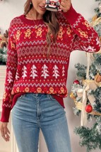 Knit Christmas Print Round Neck Loose Fit Sweater - $59.25