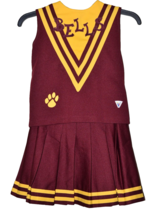 Varsity High School CheerLeader Uniform Maroon Gold youth L Pleated Skirt Bells - £16.64 GBP