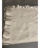 Vintage Ivory Fleece Satin Trim Baby Blanket 42”x 33” Repaired Flaw - £6.06 GBP