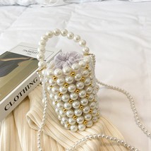 Handmade Big Pearl Bucket Bag Women Hand Woven High Quality Silvery Mini Beaded  - £27.65 GBP