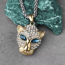 Men&#39;s Gold Leopard Pendant Animal Necklace Punk Hip Hop Jewelry Stainless Steel - £9.54 GBP