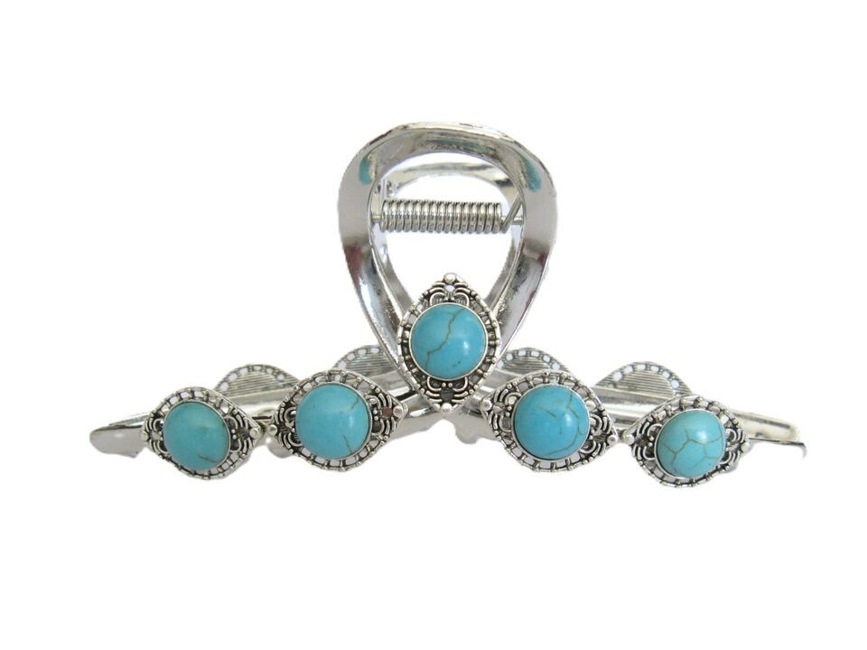Large silver turquoise blue stone metal southwestern hair claw clip