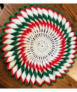 Christmas Doily Hand Crochet Vintage White Red Green Sparkle 16&quot;  Diameter - £15.64 GBP