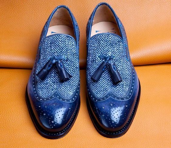 New Handmade Tweed Leather Shoes, Men's Tassels Shoes, Men Fashion Loafers Shoe