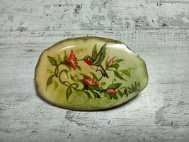 Vintage Resin Coated Painted Hummingbird Flower Brooch Artist M Davis 19... - £15.35 GBP