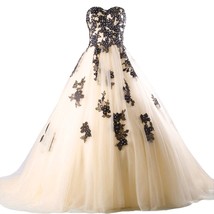 Kivary Beaded Black Lace Long A Line Tulle Gothic Prom Wedding Dresses Champagne - £134.49 GBP
