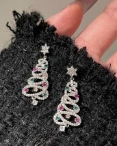 Silver earrings - Christmas tree drop dangle hoop - cubic zirconia - £9.51 GBP