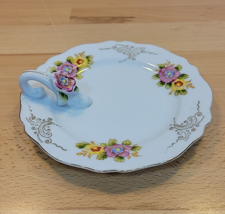 Vtg Hand Painted Candy Trinket Dish Japan Flowers Handle Granny Calling ... - £11.56 GBP