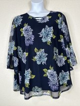 Catherines Womens Plus Size 3X Blue Floral Mesh Stretch Blouse 3/4 Sleeve - £16.93 GBP