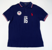 Polo Ralph Lauren Men&#39;s USA Flag Crest Red Pony Polo Shirt Blue Sz L Custom Fit - £14.97 GBP